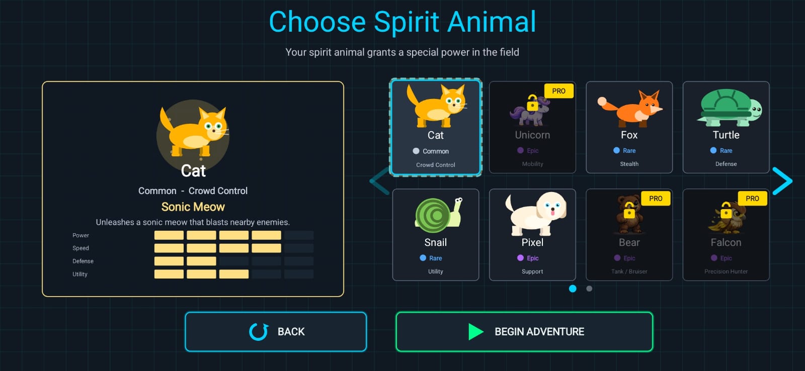 Kobi Tales Spirit Animal selection screen